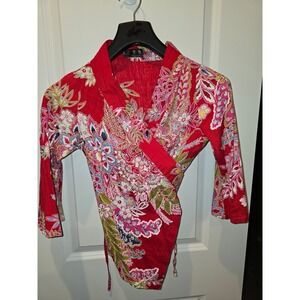 LZ Langzu Fashionco Red Floral Paisley Wrap Kimono Style 3/4 Sleeve Wmns cotton
